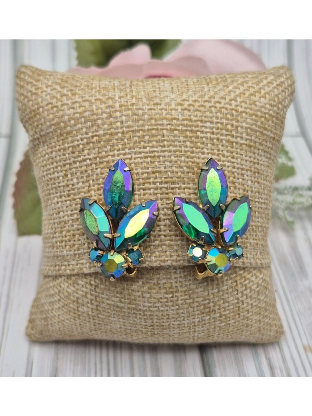 VTG Peacock Iridescent AB Crystal Gold Tone Clip On Earrings Prom Formal